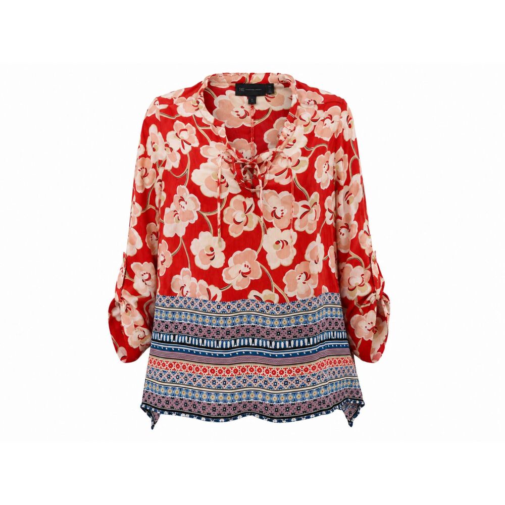 Rafaella Women's Large Red Floral Boho Geometric Border Print Tunic Blouse